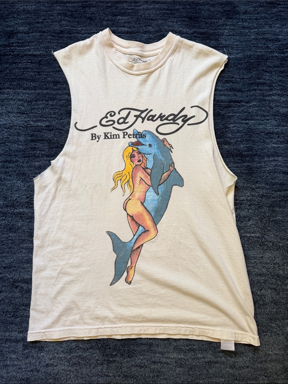 Ed Hardy Cream Muscle Tee with Blue Dolphin & Yellow Graphic